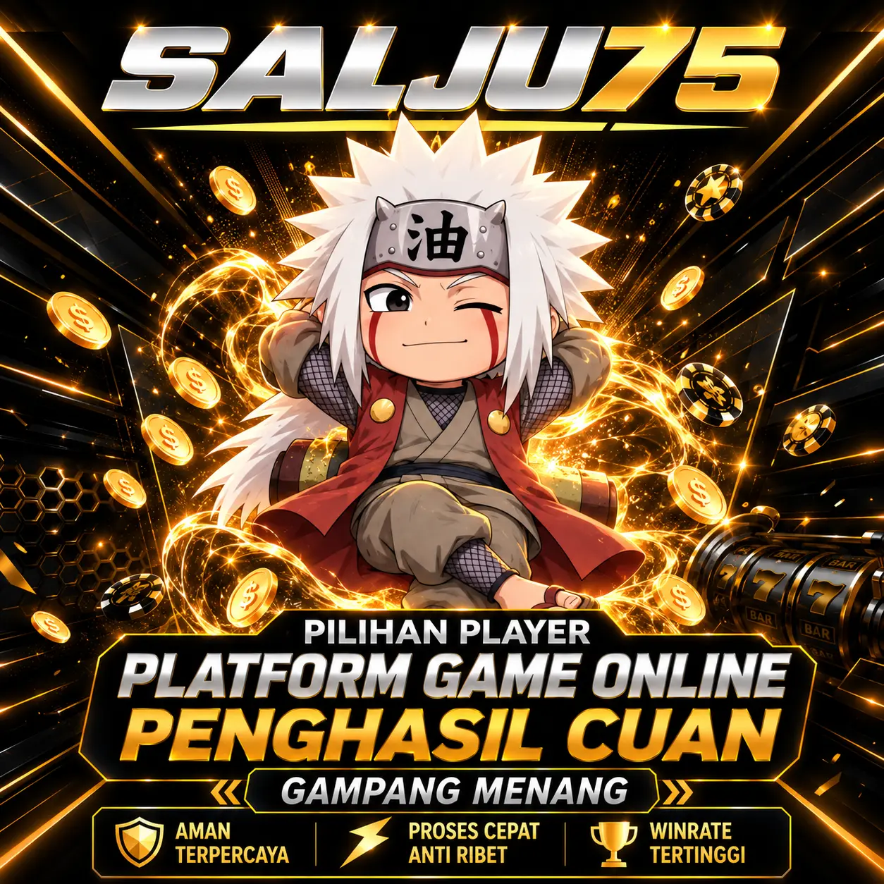 Banner Salju75 bertema hitam dan emas, dengan ilustrasi karakter platform game online.